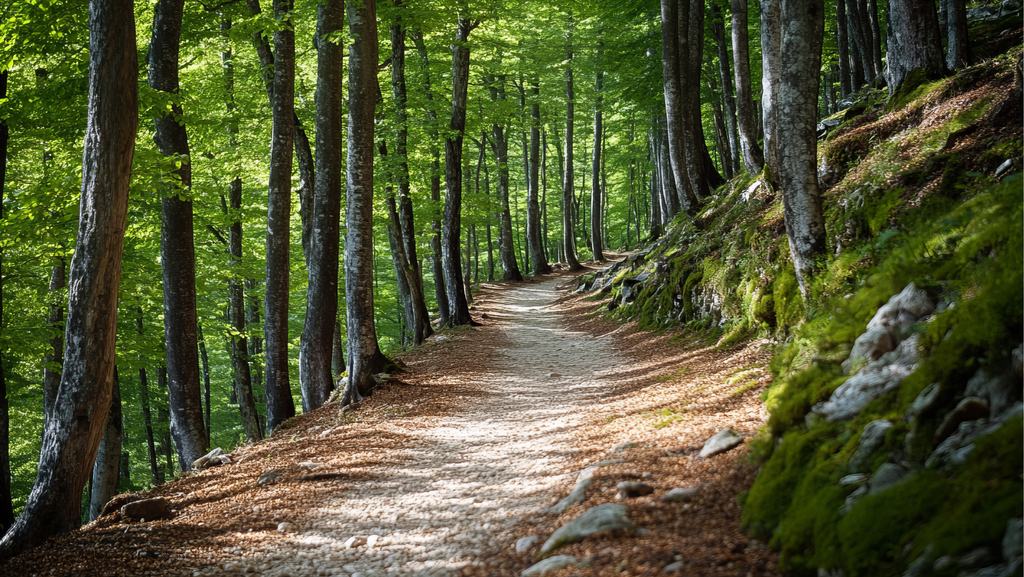 Sunlit forest trail winding through a lush green woodland